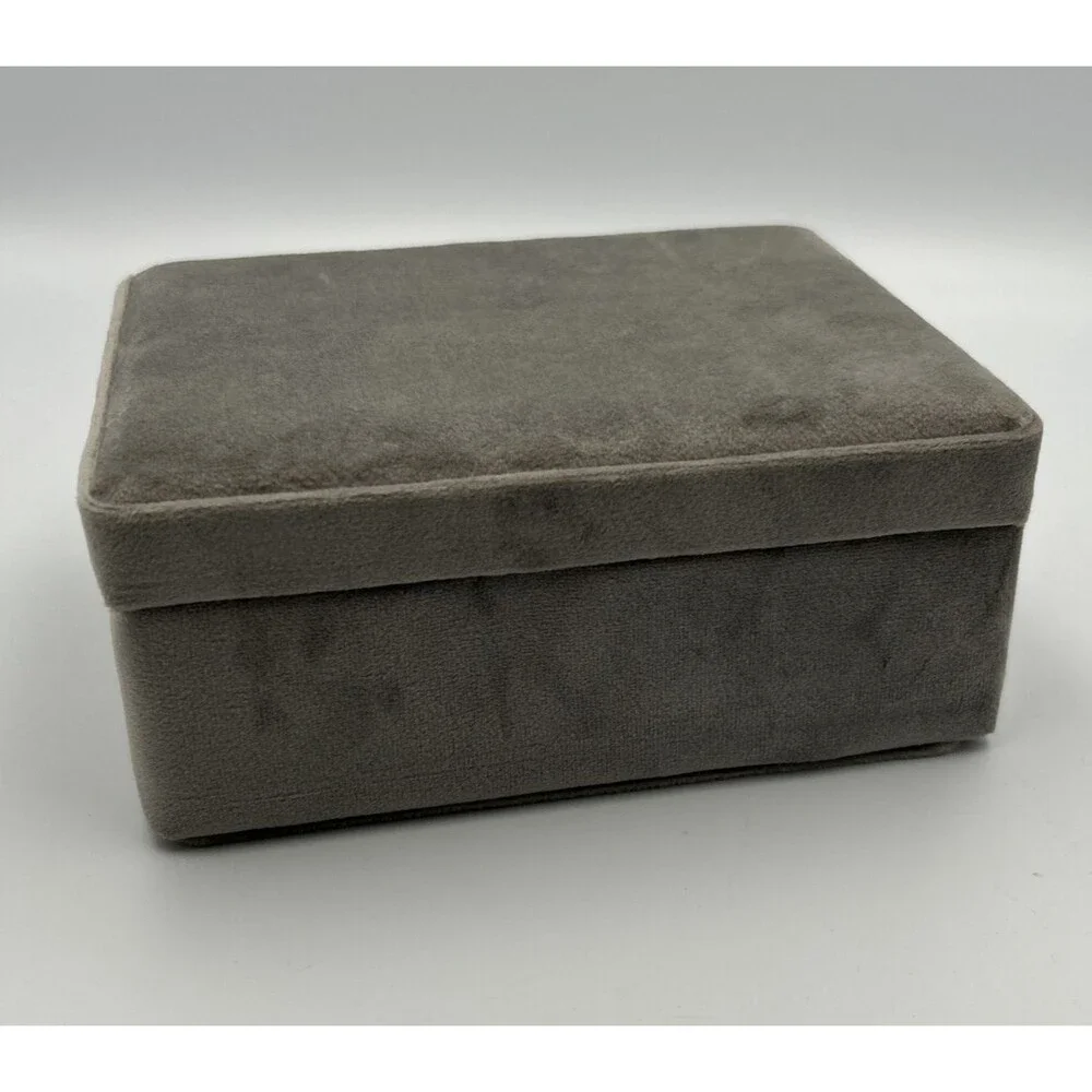 Grey Suede Jewelry Box Rectangular Lidded Storage Case Black Interior